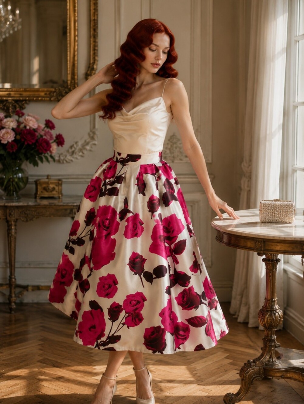 Chicwish Glam Rose Print A-Line Midi Skirt Sm Satin Pleated Romantic Floral CC